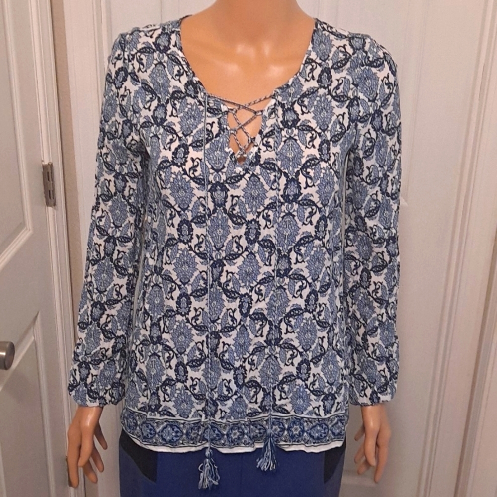 Max Studio Navy, Light Blue, and White Paisley Design Long-Sleeve Blouse
